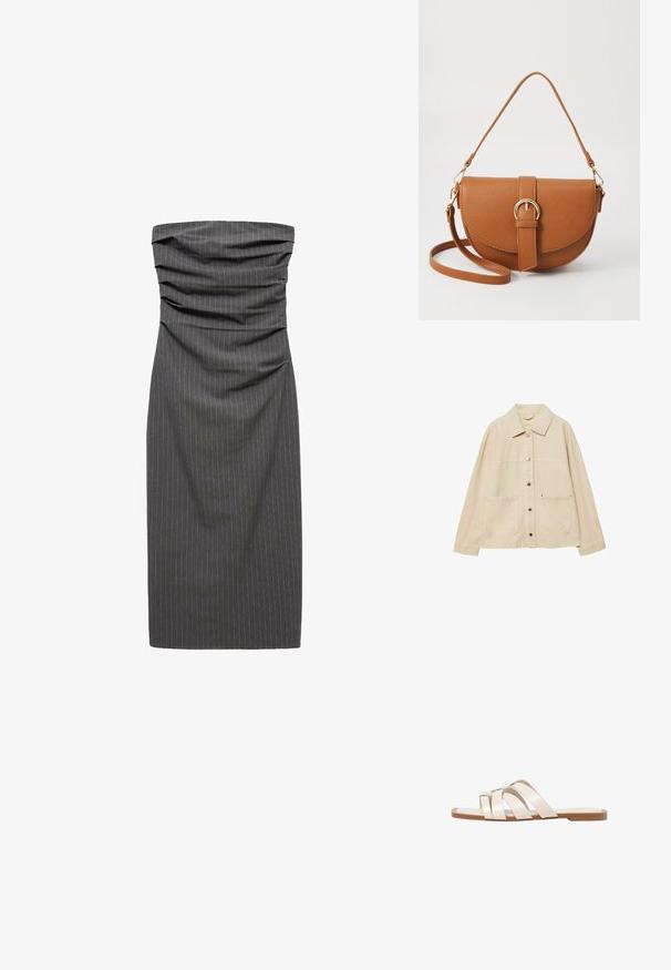 Beige denim takki, jossa on kauluskansi, napitus, kaksi etutaskua ja näkyvät ompeluyksityiskohdat. Rennon mallinen, pitkät hihat.; Hihaton, vartaissa kiinnittyvä mekko tummanharmaasta raidallisesta kankaasta. Siinä on rypytetty yksityiskohta vartalon ympärillä ja suora siluetti.; Tason vaaleanruskealla kumipohjalla, jossa on kolme päällekkäistä valkoista nahkaremmiä ja pieni satiininen rusetti keskellä.; Ruskean nahkainen olkalaukku, jossa on kaareva muoto, kultaiset yksityiskohdat ja solkiyksityiskohta. Varustettu irrotettavalla olkahihnalla.