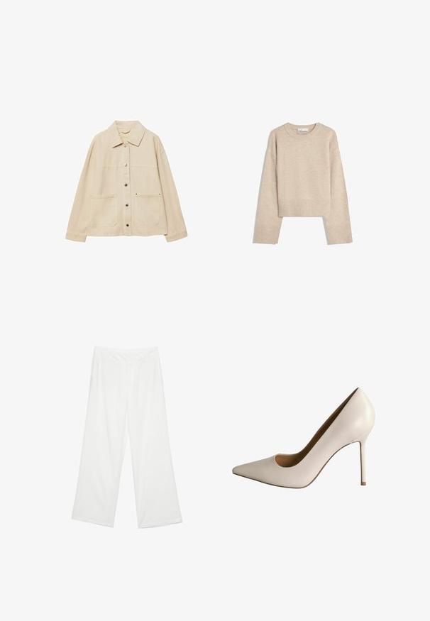 Bež traper jakna s izrezanom ovratnikom, zatvaranjem na gumbi, dva prednja džepa i vidljivim detaljima šivanja. Opusti fit, duži rukavi.; Bežani skraćeni pulover napravljen od mekog pletenog materijala. Ima okrugli izrez, duge rukave i rebraste manžete i porub za dodatnu teksturu.; Široke hlače od bijele tkanine, s glatkom teksturom, prednjim džepovima i klasičnim pojasom s petljama za remen.; Bijela kožna ženska cipelica na visokoj potplati s oštrim vrhom i izrezanim detaljem. Ima uski stileto potplat i glatku teksturu, namijenjena za svečane prilike.