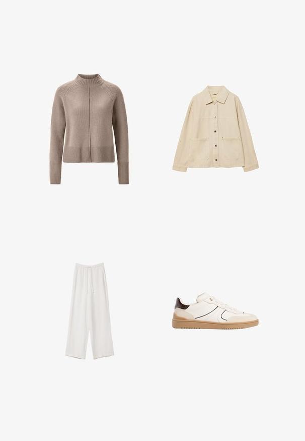 Beige džínová bunda s límečkem, zapínáním na knoflíky, dvěma předními kapsami a viditelnými švy. Uvolněný střih, dlouhé rukávy.; Beige pletený svetr s vysokým límcem, ribbovaným lemem a manžetami, s minimálními detaily kolem ramen. Měkká textura, volný střih.; Bílé široké kalhoty vyrobené z lehké tkaniny. Mají elastický pas se šňůrkou a boční kapsy. Hladká textura.; Stradivarius Tenisky - white