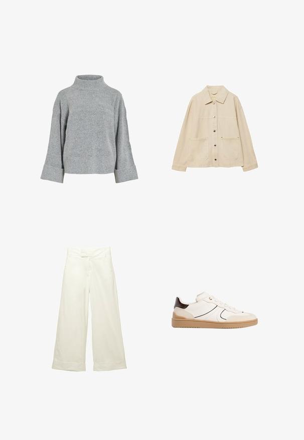 Bežna denim jakna z ovratnikom, gumbnim zapiranjem, dvema sprednjima žepoma in vidno šivanjem. Ohlapen kroj, dolgi rokavi.; Sivkasta pletena pulover z visokim ovratnikom, širokimi rokavi in teksturirano tkanino. Ima sproščen kroj in rebraste dodatke na manšetah in robu.; Široke hlače iz mehkega, kremnega materiala. Imajo ravno sprednje pasove in zvite robove. Gladka tekstura s čistim, minimalističnim dizajnom.; Stradivarius Športni copati - white