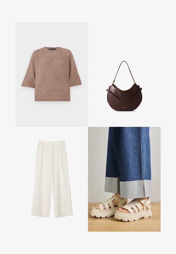 Giacca di jeans beige con colletto, chiusura con bottoni, due tasche frontali e dettagli di cucitura visibili. Vestibilità rilassata, maniche lunghe.; Maglione marrone lavorato a maglia con collo rotondo, vestibilità rilassata e maniche corte e ampie. Texture morbida, adatta per un abbigliamento casual.; Pantaloni a gamba larga in tessuto bianco sporco con una texture liscia. Presentano una vita legata e una parte anteriore plissettata, progettati per una vestibilità comoda.; Sandali platform beige con suole spesse presentano un design a cinturini e fettucce regolabili alla caviglia. Indossati con pantaloni in denim a gamba larga, un'orlo è sfilacciato.; Borsa a spalla in pelle marrone con un design curvo, dotata di due fasce piatte e un logo dorato. Texture liscia con minimo utilizzo di metallo.