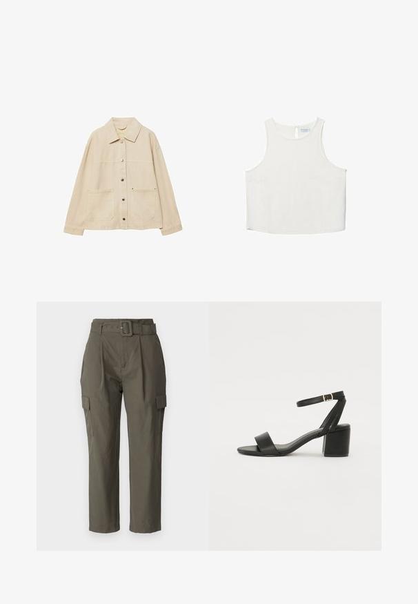 Beig denimjacka med krage, knäppning fram, två framfickor och synliga sömdetaljer. Avslappnad passform, långa ärmar.; Vit ärmlös topp med rundad halsringning, featuring en subtil textur, detalj med nyckelhål i ryggen och rak nederkant.; Cargo byxor i olivgrön, tillverkade av lättviktsmaterial. Funktioner inkluderar midja med bälte, framveck och sidofickor med klaffstängning.; Svart klacksandals med en slät läderöverdel, öppen tå, breda framremmar och justerbart ankelband med en guldfärgad spänne.
