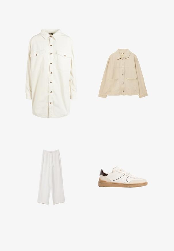 Beige denim jacket with a collared neck, button closure, two front pockets, and visible stitching details. Relaxed fit, long sleeves.; Cream-colored corduroy long-sleeve shirt with collar, brown buttons down front, and two buttoned chest pockets.; White wide-leg trousers made from a lightweight fabric. Features an elastic waistband with a drawstring and side pockets. Smooth texture.; Stradivarius Trainers - white