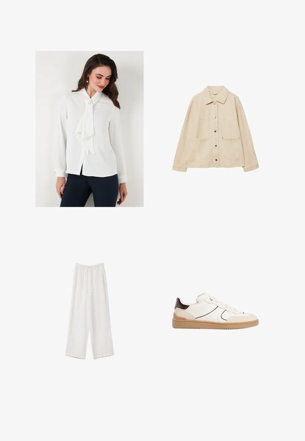 Giacca di jeans beige con colletto, chiusura con bottoni, due tasche frontali e dettagli di cucitura visibili. Vestibilità rilassata, maniche lunghe.; Blusa bianca con colletto a fiocco, maniche lunghe e chiusura a bottoni. Presenta un accentuazione in perle vicino al colletto e ha una texture liscia.; Pantaloni a gamba larga bianchi realizzati in un tessuto leggero. Presentano una vita elastica con cordoncino e tasche laterali. Texture liscia.; Stradivarius Sneakers basse - white