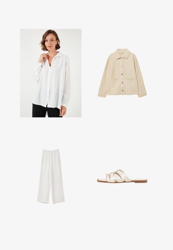 Beige denim jack met een kraag, knoopsluiting, twee voorzakken en zichtbare stiksels. Ontspannen pasvorm, lange mouwen.; Vrouw met kort golvend haar, die gouden oorbellen draagt en een losse witte blouse met knopen, gecombineerd met zwarte broek, staande tegen een witte achtergrond.; Witte wijde broek gemaakt van een lichte stof. Voorzien van een elastische tailleband met een trekkoord en zijzakken. Zachte textuur.; Vlakke sandalen met een tan rubberen zool, ontworpen met drie overlappende witte leren banden en een kleine strikdetail in het midden.