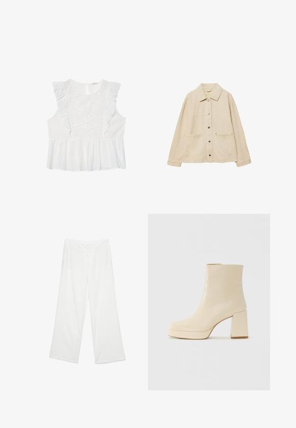 Bež traper jakna s izrezanom ovratnikom, zatvaranjem na gumbi, dva prednja džepa i vidljivim detaljima šivanja. Opusti fit, duži rukavi.; Bijela bezrukava majica s izvezenim cvjetnim uzorcima, detaljima volančića na ramenima i nabranim peplum rubom. Zatvaranje na leđima uz prorez.; Široke hlače od bijele tkanine, s glatkom teksturom, prednjim džepovima i klasičnim pojasom s petljama za remen.; Bež kožne gležnjače s blok petom i platformom, glatke površine, i lagano kvadratnim vrhom, okrenute lijevo na bijeloj pozadini.
