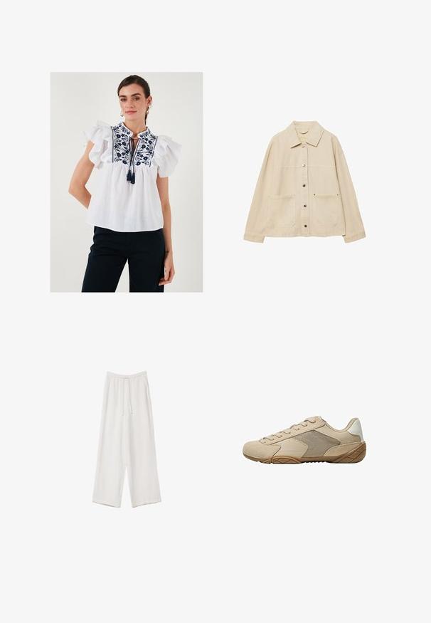Bež traper jakna s izrezanom ovratnikom, zatvaranjem na gumbi, dva prednja džepa i vidljivim detaljima šivanja. Opusti fit, duži rukavi.; Bijela bluzica s naboranim kratkim rukavima, izvezenim cvjetnim uzorkom u tamnoplavoj boji, detalj s ključnom rupom i vezivanjem na izrezu, lagani materijal.; Bijele hlače širokih nogavica napravljene od lagane tkanine. Imaju elastičan pojas s ušicom i bočne džepove. Glatka tekstura.; Bež sportski tenisice s gornjim dijelom od suedea i mrežice, teksturiranim gumenim potplatom i ravnim vezicama. Glatki naglasci na peti s dizajnom okruglog prsta.