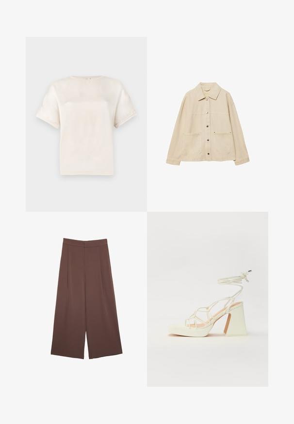 Beżowa kurtka dżinsowa z kołnierzykiem, zapięciem na guziki, dwoma przednimi kieszeniami i widocznymi detalami przeszycia. Luźny krój, długie rękawy.; T-shirt z krótkim rękawem typu crewneck w kolorze off-white, wykonany z gładkiego materiału, o luźnym fasonie i minimalnych detalach szwów na rękawach.; Brązowe spodnie o szerokich nogawkach z gładką fakturą, z wysokim stanem i plisami z przodu. Materiał jest lekki i luźno opada.; Biała sandał na wysokim obcasie z masywnym słupkiem, z paskowym wzorem i wiązaniem przy kostce. Gładka faktura z platformą z przodu dla dodatkowej wysokości.