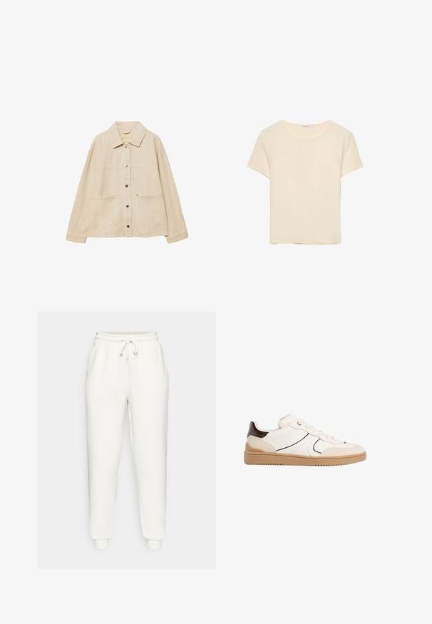 Beżowa kurtka dżinsowa z kołnierzykiem, zapięciem na guziki, dwoma przednimi kieszeniami i widocznymi detalami przeszycia. Luźny krój, długie rękawy.; Kremowa koszulka z krótkim rękawem, wykonana z miękkiego materiału. Posiada klasyczny okrągły dekolt i luźny krój, bez widocznych wzorów czy akcentów.; Białe dresy wykonane z miękkiej tkaniny, z elastycznym pasem w talii z sznurkiem, bocznymi kieszeniami oraz zwężanymi mankietami na kostkach.; Stradivarius - Sneakersy niskie