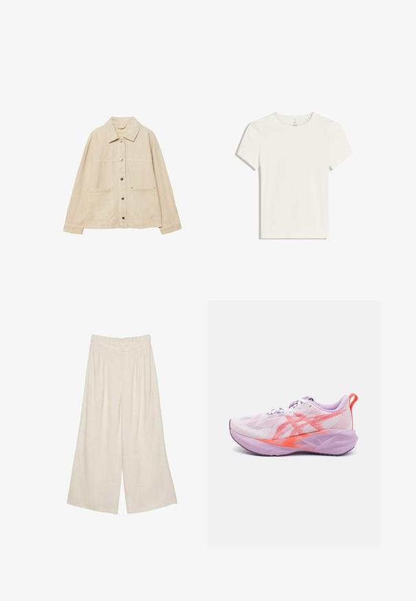 Veste en denim beige avec un col, fermeture boutonnée, deux poches à l'avant et des détails de couture visibles. Coupe décontractée, manches longues.; T-shirt blanc à manches courtes en tissu doux et léger. Il présente un col rond et un design simple sans motifs ni accents.; Pantalons large en lin de couleur beige clair avec un design plissé et une taille élastique pour plus de confort et de facilité d'enfilage.; Des chaussures de course légères en rose pastel et lavande avec une tige en mesh respirant, des accents texturés et une semelle rembourrée pour le soutien.