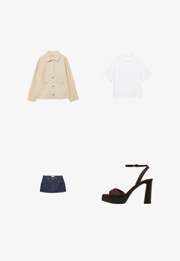 Bežna denim jakna z ovratnikom, gumbnim zapiranjem, dvema sprednjima žepoma in vidno šivanjem. Ohlapen kroj, dolgi rokavi.; Bela bombažna majica s kratkimi rokavi in okroglo ovratnikom. Preprost dizajn, ohlapen kroj, gladka tekstura. Brez vzorcev ali vidnih poudarkov.; Denim mini krilo v temno modri barvi z oprijetim pasom, sprednjima žepoma in kovinskim gumbom za zapiranje. Gladka tekstura in klasičen kroj.; Rjave semiš sandale z visoko peto, odprto spredaj, z nastavljivim gležnjenjem in črtastim podplatom.