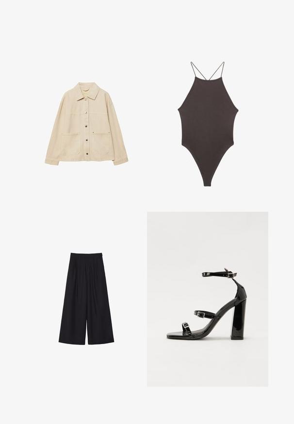 Giacca di jeans beige con colletto, chiusura con bottoni, due tasche frontali e dettagli di cucitura visibili. Vestibilità rilassata, maniche lunghe.; Costume da bagno intero marrone con collo alto e spalline sottili e regolabili; presenta una gamba alta e una texture liscia. Nessun motivo o decorazione.; Pantaloni neri a gamba larga con pieghe, realizzati in un tessuto morbido. Presentano una vita alta e un taglio pulito e sartoriale.; Sandali con tacco in vernice nera, con punta squadrata, cinturini alla caviglia e fibbie in argento. Presentano un tacco a blocco spesso per maggiore stabilità.