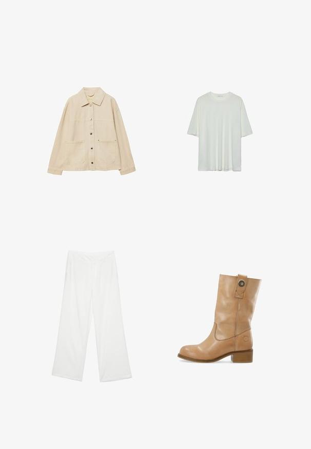 Bežna denim jakna z ovratnikom, gumbnim zapiranjem, dvema sprednjima žepoma in vidno šivanjem. Ohlapen kroj, dolgi rokavi.; Bela majica s kratkimi rokavi, okroglo izrezana, mehka bombažna mešanica, sproščen kroj, brezšivna rob, minimalističen dizajn brez okrasnih elementov.; Široke hlače iz belega blaga, ki se ponašajo z gladko teksturo, sprednjimi žepi in klasičnim pasom z zankami za pas.; Rjava usnjena gležnjerica s zaobljenim nosom, nizkim podložnim petkom, stranskimi šivi in zaponko na zgornjem delu. Gladka tekstura.