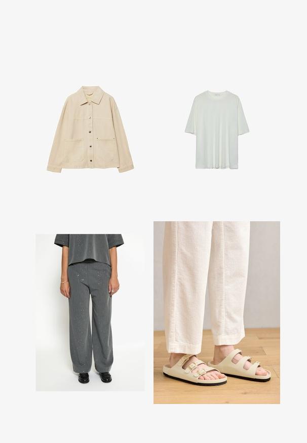Beżowa kurtka dżinsowa z kołnierzykiem, zapięciem na guziki, dwoma przednimi kieszeniami i widocznymi detalami przeszycia. Luźny krój, długie rękawy.; Biała koszulka z krótkim rękawem, okrągły dekolt, miękka tkanina bawełniana, luźny krój, bezszwowy dół, minimalistyczny design bez zdobień.; Osoba w szarych szerokich spodniach i pasującym nakrapianym topie, w czarnych mokasynach, z srebrnymi pierścionkami i bransoletką, stojąca na tle białym.; Jasno-beżowe sandały z trzema regulowanymi paskami z metalowymi klamrami, wyściełaną wkładką oraz czarną gumową podeszwą.