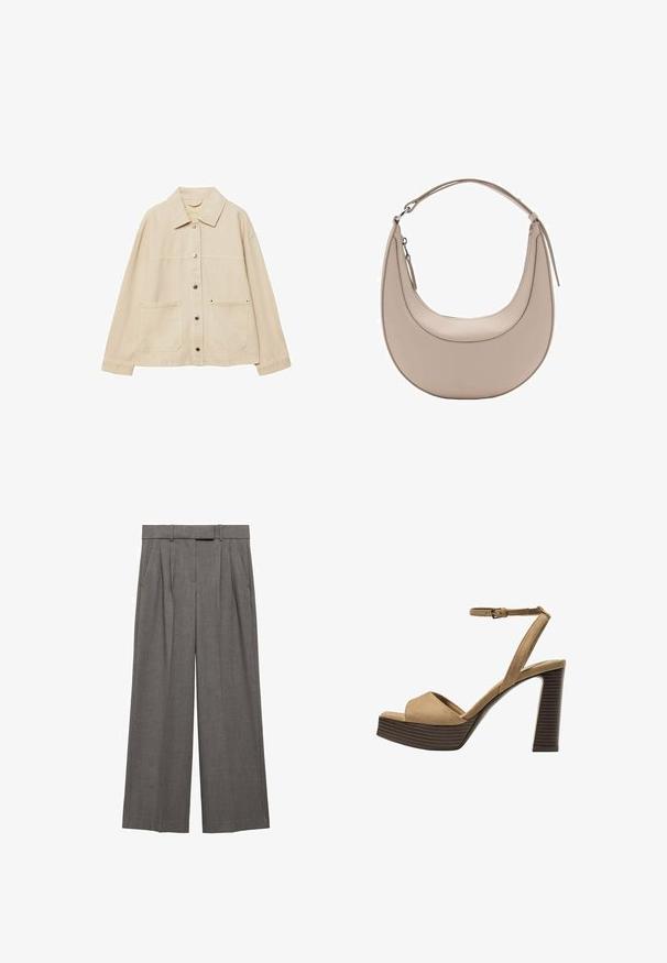 Bežová džínová bunda s golierom, zapínaním na gombíky, dvoma prednými vreckami a viditeľnými švovými detailmi. Voľný strih, dlhé rukávy.; Hnedé tričko s krátkym rukávom vyrobené z jemného materiálu, s okrúhlym výstrihom a voľným strihom. Žiadne viditeľné vzory ani akcenty.; Sivé nohavice so širokými nohavicami vyrobené z textúrovanej látky, s vysokým pásom, plisovaním a bočnými vreckami.; Bežové semišové sandále na vysokom opätku s širokým predným pásom a pásikom okolo členka, ktoré majú masívny drevený blokový opätok s textúrovaným povrchom.; Béžová kožená taška cez rameno s polkruhovým tvarom, hladkou textúrou a jedným zakriveným uchom. Obsahuje zipsové uzatváranie a úhľadné švy.