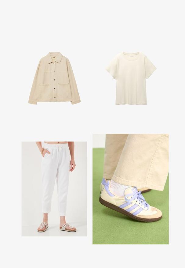 Bež traper jakna s izrezanom ovratnikom, zatvaranjem na gumbi, dva prednja džepa i vidljivim detaljima šivanja. Opusti fit, duži rukavi.; Svijetlo bež majica kratkih rukava s okruglim izrezom, izrađena od meke, glatke tkanine. Karakterizira je opušteni kroj i ravni rub.; Bijele skratene hlače od teksturirane tkanine, s elastičnom trakicom u struku i vezicom. Uparene s ukrašenim sandalama koje imaju pluteni potplat.; Kremasto-ljubičaste tenisice s tri pruge i strukturiranim smeškim potplatom, s vezicama i podstavljenim petom. Mekana gornja tkanina.