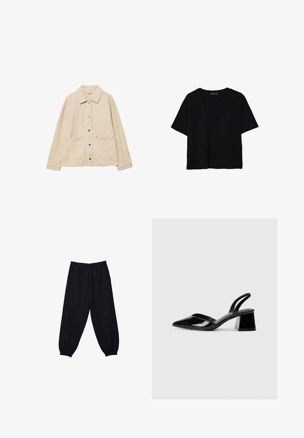 Bežová džínová bunda s golierom, zapínaním na gombíky, dvoma prednými vreckami a viditeľnými švovými detailmi. Voľný strih, dlhé rukávy.; Čierne tričko s krátkym rukávom vyrobené z bavlny. Má okrúhly výstrih a voľný strih s hladkou, jednofarebnou textúrou. Žiadne viditeľné vzory ani akcenty.; Čierne tepláky s elastickým pásom, sťahovacími členkami a bočnými vreckami. Mäkká tkanina s hladkým povrchom a voľným strihom.; Čierne lakované kožené sandálové podpätky s špicatou špičkou a geometrickým blokovým podpätkom. Disponujú elegantným, minimalistickým dizajnom a hladkým povrchom.