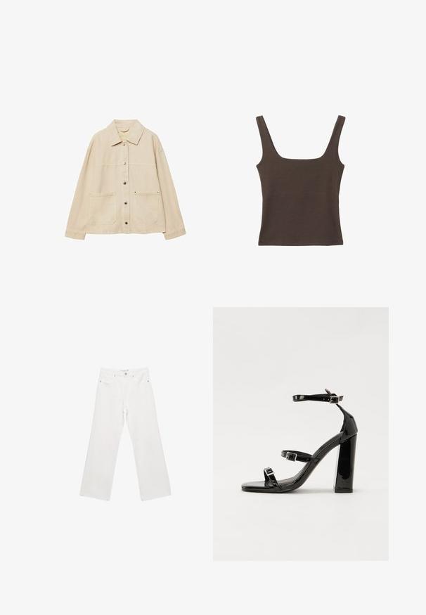 Beige džínová bunda s límečkem, zapínáním na knoflíky, dvěma předními kapsami a viditelnými švy. Uvolněný střih, dlouhé rukávy.; Hnědý bezramínkový top se čtvercovým výstřihem vyrobený z měkké, elastické tkaniny. Má přiléhavý design a ploché švy.; Bílé denimové kalhoty s širokými nohavicemi, které disponují klasickým designem pěti kapes, kovovými detaily a kontrastním prošíváním. Hladká textura a uvolněný střih.; Černé lakované sandály na podpatku se čtveratou špičkou, lýtkovými pásky a stříbrnými přezkami. Disponují masivním blokovým podpatkem pro stabilitu.