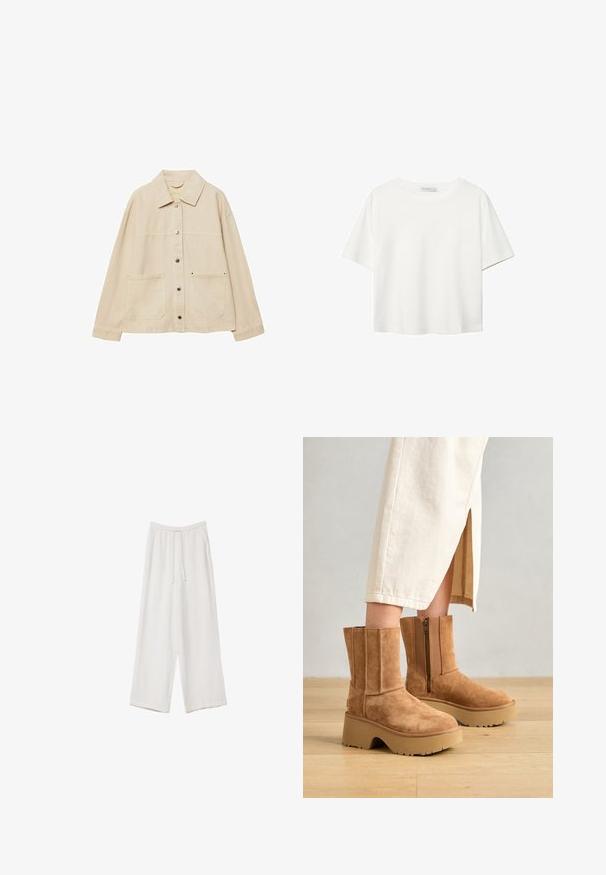 Bežna denim jakna z ovratnikom, gumbnim zapiranjem, dvema sprednjima žepoma in vidno šivanjem. Ohlapen kroj, dolgi rokavi.; Bela kratka majica s kratkimi rokavi iz bombaža. Ima okroglo izrezovanje in sproščen kroj. Gladka tekstura brez vidnih vzorcev ali poudarkov.; Bele široke hlače iz lahkega materiala. Imajo elastičen pas s vrvico in stranske žepe. Gladka tekstura.; Brauhe suède gležnjak s platformo, stranskim zadrgo in vertikalnimi šivi, v kombinaciji s krilom v kremasti barvi.