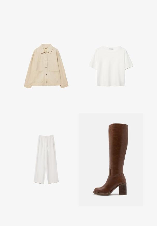 Beżowa kurtka dżinsowa z kołnierzykiem, zapięciem na guziki, dwoma przednimi kieszeniami i widocznymi detalami przeszycia. Luźny krój, długie rękawy.; Biała koszulka z krótkim rękawem, wykonana z bawełny. Posiada okrągły dekolt i luźny krój. Gładka faktura bez widocznych wzorów czy akcentów.; Białe spodnie o szerokich nogawkach wykonane z lekkiego materiału. Posiadają elastyczny pas z sznurkiem i boczne kieszenie. Gładka tekstura.; Brązowe kozaki do kolan wykonane z gładkiej sztucznej skóry, z okrągłym noskiem, blokowym obcasem z pionowymi żłobieniami i minimalistycznym wzornictwem.