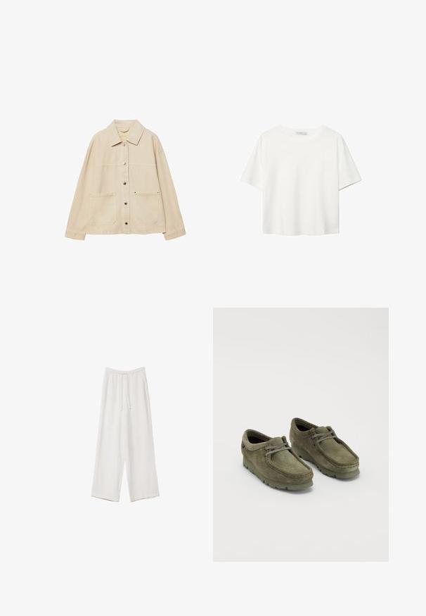 Beige denim takki, jossa on kauluskansi, napitus, kaksi etutaskua ja näkyvät ompeluyksityiskohdat. Rennon mallinen, pitkät hihat.; Valkoinen lyhythihainen T-paita, joka on tehty puuvillasta. Siinä on pyöreä kaula-aukko ja rento malli. Silkkinen pinta ilman näkyviä kuvioita tai koristeita.; Valkoiset leveälahkeiset housut kevyestä kankaasta. Ominaisuuksiin kuuluu elastinen vyötärö, jossa on nauhakuuluma ja sivutaskut. Sileä rakenne.; Vihreät samettiset kengät pyöreällä varvalla ja nauhakuormituksella. Ominaisuuksiin kuuluu paksu kumipohja ja ommeltu yksityiskohta yläosassa.