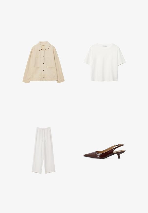 Bežna denim jakna z ovratnikom, gumbnim zapiranjem, dvema sprednjima žepoma in vidno šivanjem. Ohlapen kroj, dolgi rokavi.; Bela kratka majica s kratkimi rokavi iz bombaža. Ima okroglo izrezovanje in sproščen kroj. Gladka tekstura brez vidnih vzorcev ali poudarkov.; Bele široke hlače iz lahkega materiala. Imajo elastičen pas s vrvico in stranske žepe. Gladka tekstura.; Bianco KRISTIN KITTEN SLINGBACK - Klasične pete - burgundy