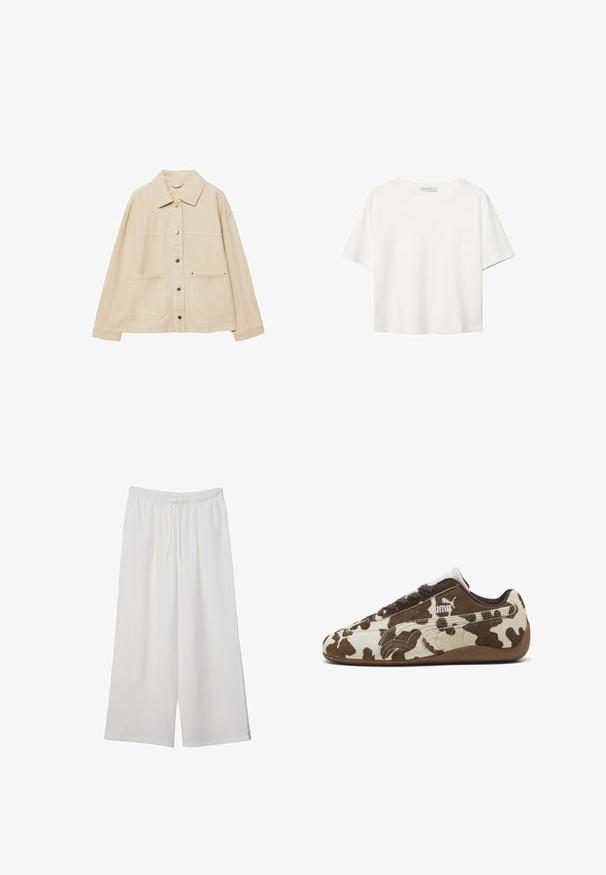 Beige denimjakke med krave, knaplukning, to forlommer og synlige syninger. Løs pasform, lange ærmer.; Hvid kortærmet t-shirt lavet af bomuld. Har en rund halsudskæring og en afslappet pasform. Glat tekstur uden synlige mønstre eller detaljer.; Hvide vidde bukser lavet af letvægtsstof, med en elastisk talje og snøre for justerbar pasform. Glat tekstur.; Brune og creme cow-print sneakers med ruskindsmateriale, rund tå og gummisåler. Har snørebånd og Puma-logo på siden.