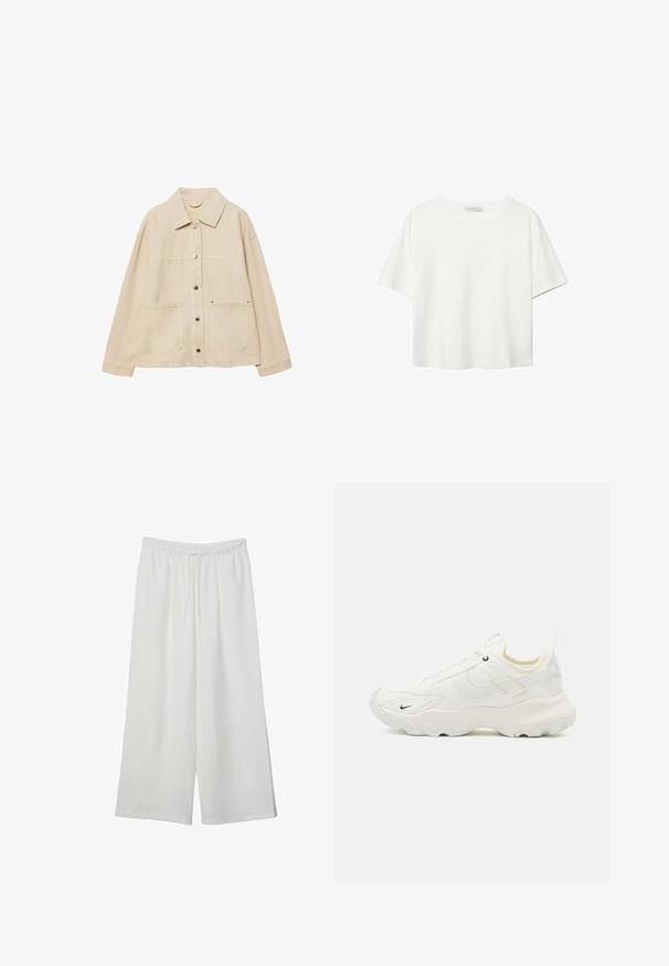 Beig denimjacka med krage, knäppning fram, två framfickor och synliga sömdetaljer. Avslappnad passform, långa ärmar.; Vit t-shirt med kort ärm i bomull. Har en rundad halsringning och en avslappnad passform. Slät textur utan synliga mönster eller detaljer.; Vita vida byxor i lätt tyg med elastisk midja och dragsko för justerbar passform. Mjuk textur.; Vita idrottssko med ett texturerat mesh-överdrag, rund tå, framträdande sula och en liten svart swoosh-logotyp. Ljusa beige accenter och snören.