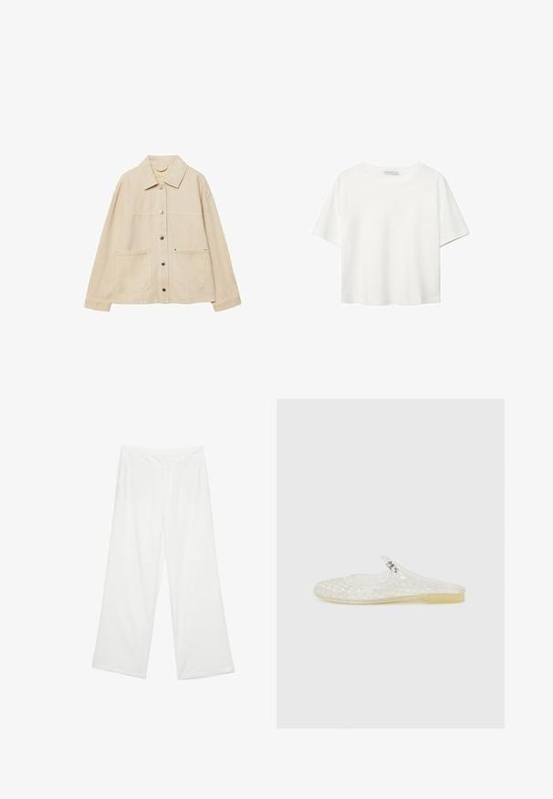 Beige denim jacket with a collared neck, button closure, two front pockets, and visible stitching details. Relaxed fit, long sleeves.; White short-sleeve t-shirt made of cotton. Features a crew neckline and a relaxed fit. Smooth texture with no visible patterns or accents.; Wide-leg trousers in white fabric, featuring a smooth texture, front pockets, and a classic waistband with belt loops.; Clear plastic slip-on shoe with a grid pattern, rounded toe, and a small silver accent on the strap. Flexible sole in translucent color.