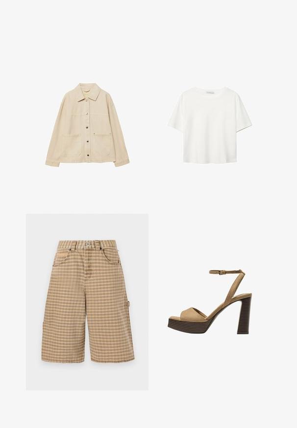 Beige denim takki, jossa on kauluskansi, napitus, kaksi etutaskua ja näkyvät ompeluyksityiskohdat. Rennon mallinen, pitkät hihat.; Valkoinen lyhythihainen T-paita, joka on tehty puuvillasta. Siinä on pyöreä kaula-aukko ja rento malli. Silkkinen pinta ilman näkyviä kuvioita tai koristeita.; BDG Urban Outfitters CHECK NICOLA JORT - Shortsit - beige; Beige-nahkareunaiset korkokengät, joissa on leveä etuolka ja ankle strap, varustettu paksulla puukengän korolla, jossa on tekstuuripinta.