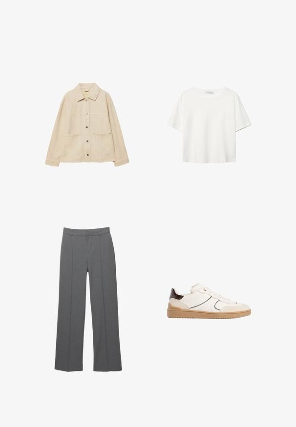 Bež traper jakna s izrezanom ovratnikom, zatvaranjem na gumbi, dva prednja džepa i vidljivim detaljima šivanja. Opusti fit, duži rukavi.; Bijela majica kratkih rukava od pamuka. Ima okrugli izrez i opušteni kroj. Glatka tekstura bez vidljivih uzoraka ili naglasaka.; Sive formalne hlače ravnog kroja, s pojasom s remenom i prednjim nabranim detaljima na bijeloj pozadini.; Stradivarius Tenisice - white