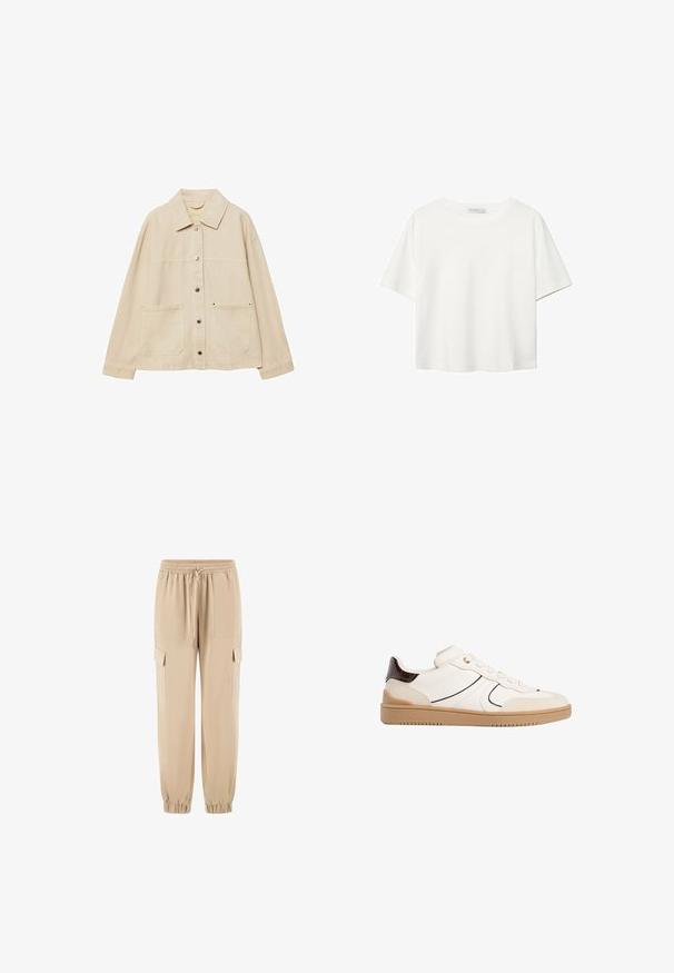 Bežna denim jakna z ovratnikom, gumbnim zapiranjem, dvema sprednjima žepoma in vidno šivanjem. Ohlapen kroj, dolgi rokavi.; Bela kratka majica s kratkimi rokavi iz bombaža. Ima okroglo izrezovanje in sproščen kroj. Gladka tekstura brez vidnih vzorcev ali poudarkov.; Bež hlače s krojem cargo, narejene iz mehkega blaga, s elastiko v pasu, vrvico in stranskimi žepi. Ožji nogav s elastiko na koncu.; Stradivarius Športni copati - white