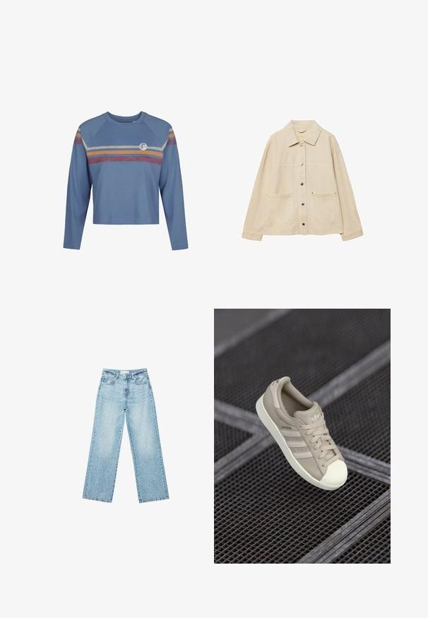 Bežová džínová bunda s golierom, zapínaním na gombíky, dvoma prednými vreckami a viditeľnými švovými detailmi. Voľný strih, dlhé rukávy.; Svetlomodrý dlhý rukáv cropped top s raglánovými rukávmi, ktorý má farebné horizontálne pruhy v červenej, žltej a smotanovej farbe na hrudníku.; Svetlomodré džíny s širokými nohavicami a vysokým pásom, so zosvetlenou úpravou a malými, rozptýlenými poškodenými detailmi po celom obvode.; Bežové tenisky Adidas Superstar s textúrovaným koženým zvrškom, tromi bočnými pruhmi, okrúhlou špičkou a logom na jazyku a päte.