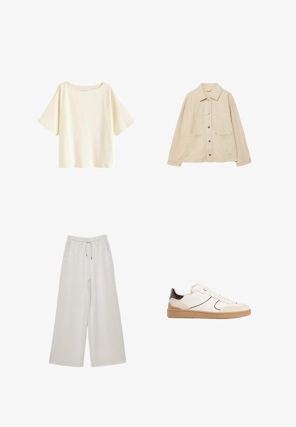 Beżowa kurtka dżinsowa z kołnierzykiem, zapięciem na guziki, dwoma przednimi kieszeniami i widocznymi detalami przeszycia. Luźny krój, długie rękawy.; Kremowa bawełniana koszulka, krótka, z szerokimi krótkimi rękawami, okrągłym dekoltem, gładka, o gładkiej fakturze, bez widocznych wzorów czy akcentów.; Jasnoszare spodnie typu wide-leg wykonane z miękkiego materiału, z elastycznym paskiem w talii, regulowanym sznurkiem i bocznymi kieszeniami. Gładka tekstura na całej powierzchni.; Stradivarius - Sneakersy niskie