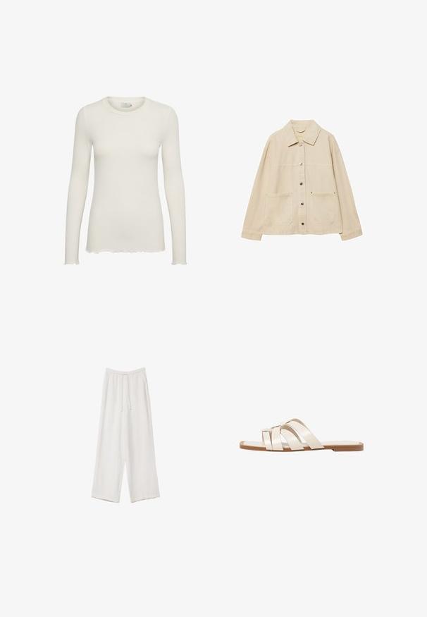Beige denim jacket with a collared neck, button closure, two front pockets, and visible stitching details. Relaxed fit, long sleeves.; White long-sleeve ribbed top with a round neckline and scalloped hem. Made of soft fabric, featuring a fitted silhouette.; White wide-leg trousers made from a lightweight fabric. Features an elastic waistband with a drawstring and side pockets. Smooth texture.; Flat sandals with a tan rubber sole, designed with three overlapping white leather straps and a small bow detail at the center.