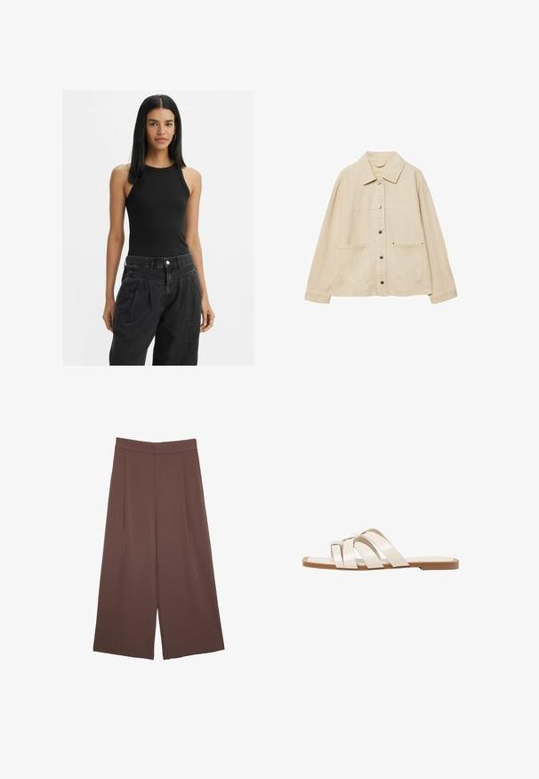 Beige denim takki, jossa on kauluskansi, napitus, kaksi etutaskua ja näkyvät ompeluyksityiskohdat. Rennon mallinen, pitkät hihat.; Musta ribbattu toppi korkean kaula-aukon kanssa, jossa on kapeat olkaimet. Malli yhdistää sen korkeavyötäröisten tummien farkkujen kanssa.; Ruskeat leveälahkeiset housut, joissa on sileä pinta, korkea vyötärö ja etupleat. Kangas on kevyttä ja laskeutuu väljänä.; Tason vaaleanruskealla kumipohjalla, jossa on kolme päällekkäistä valkoista nahkaremmiä ja pieni satiininen rusetti keskellä.