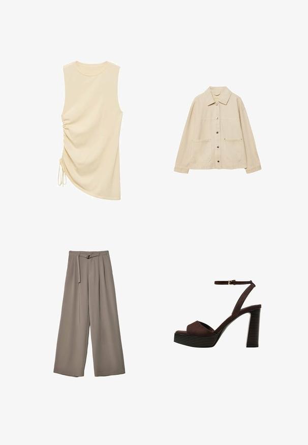 Giacca di jeans beige con colletto, chiusura con bottoni, due tasche frontali e dettagli di cucitura visibili. Vestibilità rilassata, maniche lunghe.; Mango GUILLEM - Top - off-white; Pantaloni a gamba larga in un morbido tessuto grigio tenue, con vita con cintura e pieghe per un tocco di design aggiuntivo. Texture liscia, senza motivi.; Sandal in camoscio marrone con tacco alto, punta aperta, cinturino alla caviglia regolabile e suola a piattaforma striata.