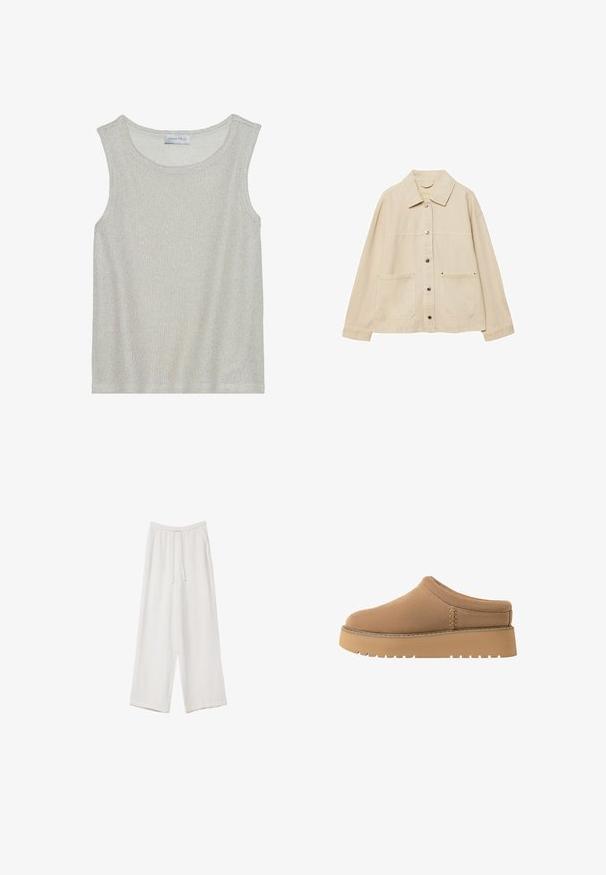 Bežová džínová bunda s golierom, zapínaním na gombíky, dvoma prednými vreckami a viditeľnými švovými detailmi. Voľný strih, dlhé rukávy.; Svetlošedý top bez rukávov s mäkkou, textúrovanou pleteninou. Má okrúhly výstrih a voľný strih. Vo vnútri je štítok s nápisom "ANNA FIELD".; Biele široké nohavice vyrobené z ľahkej tkaniny. Obsahujú elastický pás so sťahovacou šnúrkou a bočné vrecká. Hladká textúra.; Hnedé nazúvacie topánky s jemnou textúrou, zaoblenou špičkou a hrubou, ryhovanou podrážkou. Obsahujú jemné švy po stranách.