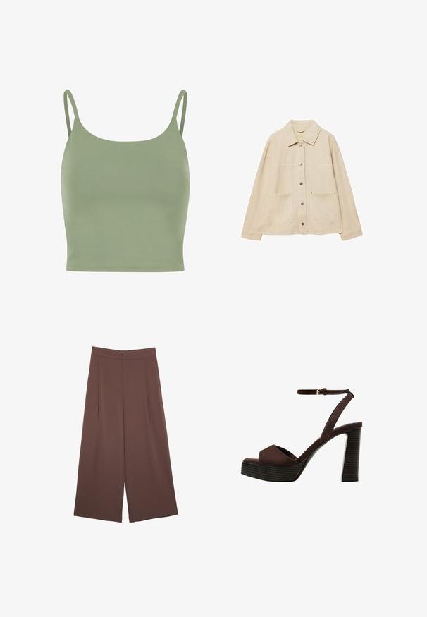 Bežová džínová bunda s golierom, zapínaním na gombíky, dvoma prednými vreckami a viditeľnými švovými detailmi. Voľný strih, dlhé rukávy.; Olivovo zelený priliehavý top s tenkými ramienkami, hladkou textúrou a okrúhlym výstrihom, navrhnutý pre pohodlie a vrstvenie.; Hnedé nohavice so širokými nohavicami a hladkou textúrou, s vysokým pásom a prednými skladmi. Tkanina je ľahká a voľne sa pohybuje.; Hnedé semišové sandále na vysokom podpätku s otvorenou špičkou, nastaviteľným členkovým remienkom a pruhovanou platformovou podrážkou.