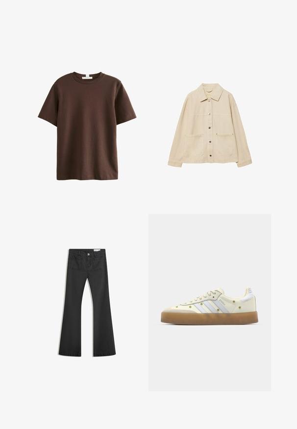 Beig denimjacka med krage, knäppning fram, två framfickor och synliga sömdetaljer. Avslappnad passform, långa ärmar.; Next HEAVYWEIGHT SHORT SLEEVE CREW NECK STANDARD - T-shirt med print - chocolate brown; Svarta utsvängda jeans i denim med en jämn textur, med två bakfickor och knäppning vid midjan.; Krämfärgade sneakers med ljusblå ränder, gummisula och dekorerande gula blommor på ovansidan. Rundad tådesign.