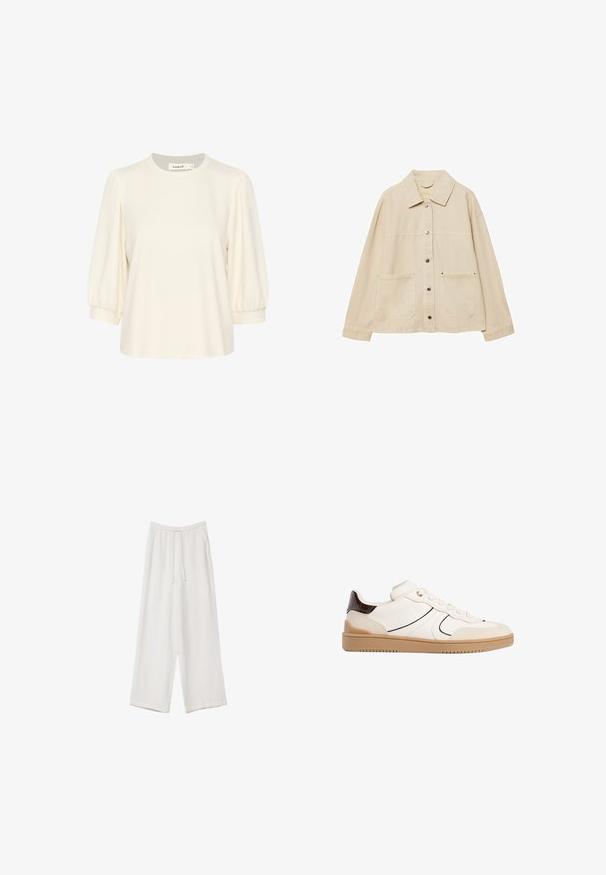 Beige denimjakke med krave, knaplukning, to forlommer og synlige syninger. Løs pasform, lange ærmer.; Cremefarvet top med korte, puffede ærmer, rund halsudskæring og en afslappet pasform. Fremstillet af blødt stof, ideelt til fritidsbrug.; Hvide bukser med bred benlængde lavet af et letvægtsstof. Har et elastisk talje med snor og sidelommer. Glat tekstur.; Stradivarius Sneakers - white