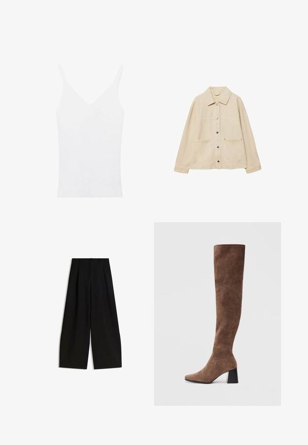 Beige Jeansjacke mit Kragen, Knopfverschluss, zwei Fronttaschen und sichtbaren Nähten. Entspannt geschnitten, mit langen Ärmeln.; Weißes Tanktop mit dünnen Trägern, V-Ausschnitt, tailliertem Design und gerippter Textur. Das Material wirkt weich und leicht.; Schwarze weite Hosen aus glattem Stoff, mit hoher Taille, Falten an der Vorderseite und ohne sichtbare Verzierungen oder Muster.; Braune Overknee-Stiefel aus weichem Wildleder mit spitzer Zehenform und einem massiven schwarzen Absatz. Das Design verfügt über nahtlose Nähte für einen eleganten Look.