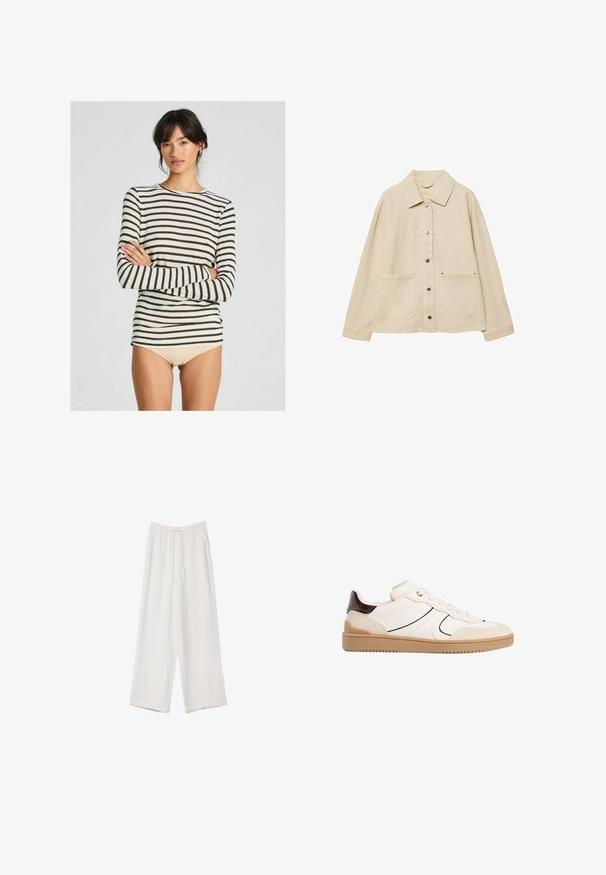 Beige denim jack met een kraag, knoopsluiting, twee voorzakken en zichtbare stiksels. Ontspannen pasvorm, lange mouwen.; Langdurige gestreepte top met crèmekleurige en donkerbruine strepen, zacht materiaal, ronde hals en aansluitend ontwerp.; Witte wijde broek gemaakt van een lichte stof. Voorzien van een elastische tailleband met een trekkoord en zijzakken. Zachte textuur.; Stradivarius Sneakers laag - white