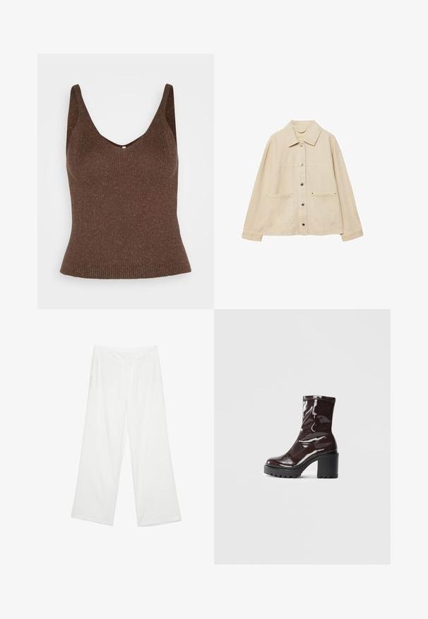 Bež traper jakna s izrezanom ovratnikom, zatvaranjem na gumbi, dva prednja džepa i vidljivim detaljima šivanja. Opusti fit, duži rukavi.; ONLY ONLLINA - Top - chocolate brown; Široke hlače od bijele tkanine, s glatkom teksturom, prednjim džepovima i klasičnim pojasom s petljama za remen.; Sjajna burgundska čizma do gležnja s debelim crnim potplatom, koja se odlikuje glatkom teksturom i jednostavnim dizajnom. Nema vidljivih kopčanja ili uzoraka.