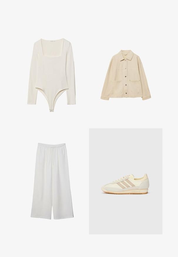 Beige denimjakke med krave, knaplukning, to forlommer og synlige syninger. Løs pasform, lange ærmer.; Langærmet bodysuit i lys creme med firkantet halsudskæring, glat tekstur og trykknaplukninger i skridtet for nem påklædning.; Hvide vidde bukser lavet af letvægtsstof, med en elastisk talje og snøre for justerbar pasform. Glat tekstur.; Creme atletisk sneakers med tre beige striber, lavet af ruskind og tekstilmaterialer, en struktureret sål og prægede mærker på hælen.