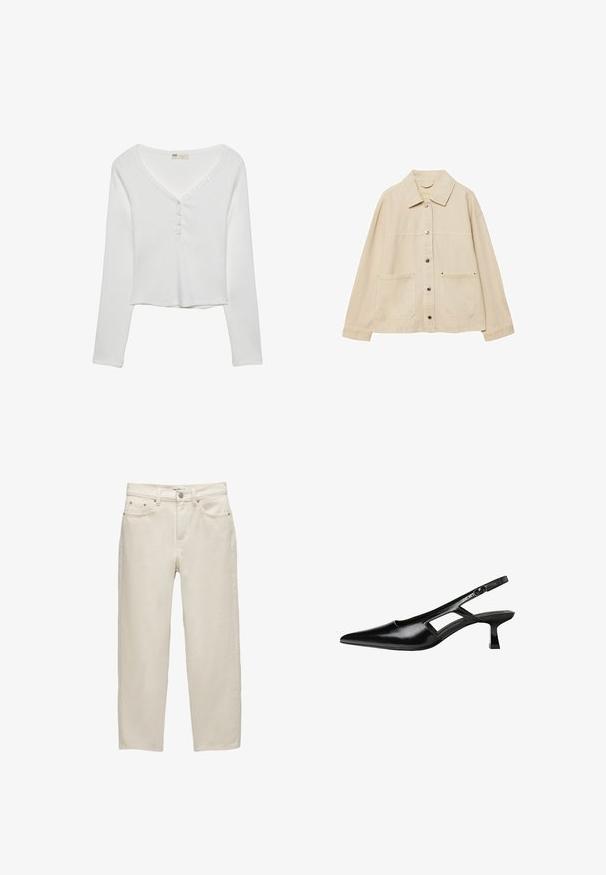 Beige Jeansjacke mit Kragen, Knopfverschluss, zwei Fronttaschen und sichtbaren Nähten. Entspannt geschnitten, mit langen Ärmeln.; Weißes Langarmshirt mit V-Ausschnitt, das über Knopfdetails und eine gerippte Textur verfügt, entworfen für eine lässige Passform.; Weiße Jeans mit entspannter Passform, geradem Bein, fünf Taschen-Design und metallischen Hardware-Details mit subtiler Textur.; Schwarze Lackleder-Slingback-High Heels mit spitzer Zehenform, ausgeschnittenem Seitendesign und kleinem Blockabsatz. Glatte Textur mit minimalen Akzenten.