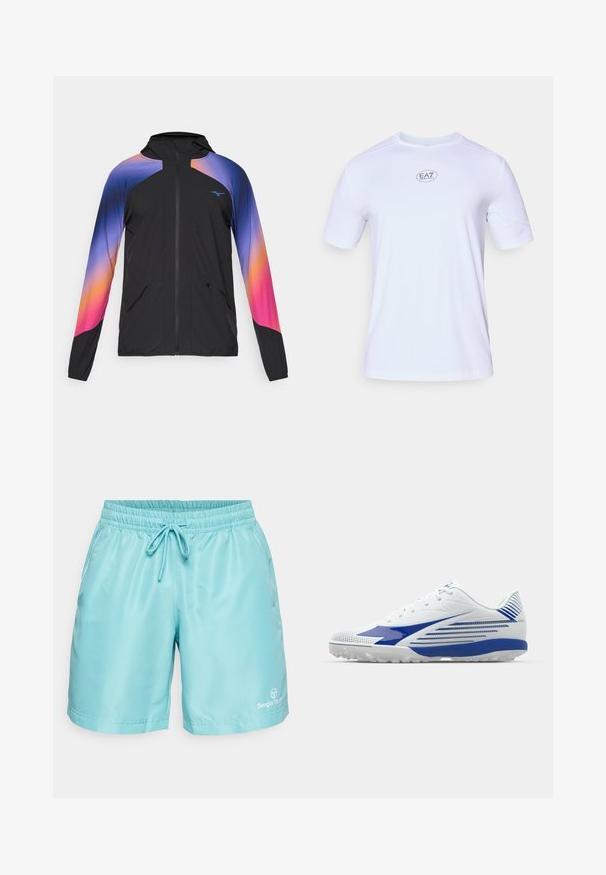 Casaco leve preto com um design em degradê nas cores roxo, laranja e rosa. Apresenta um fecho éclair, capuz e dois bolsos frontais.; Camisola atlética de mangas curtas brancas, feita de um tecido de malha leve e respirável. Apresenta um decote redondo e um logótipo circular EA7 no peito.; Sergio Tacchini ROB  - Calções desportivos - aqua sea/white; Sapatilha branca com detalhes azuis, parte superior em malha texturizada, design curvado e sola em borracha com padrões de aderência. Fecho com atacadores para um ajuste seguro.