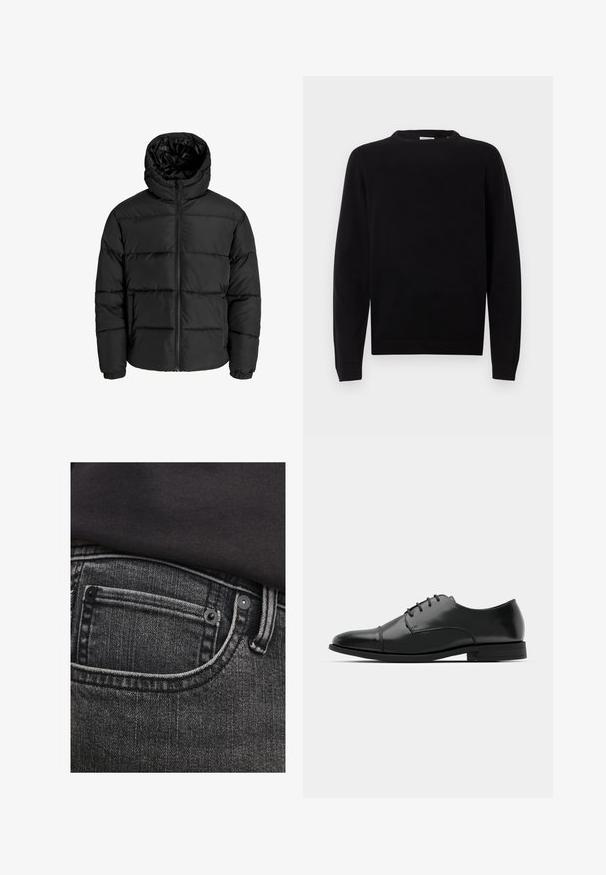 Chaqueta de plumas negra con cierre de cremallera en el frente, capucha y puños elásticos. Hecha de un material suave y resistente a la intemperie con un diseño acolchado.; Suéter de punto negro con cuello redondo, mangas largas y puños y dobladillo acanalados. Textura suave con un diseño minimalista.; Vaqueros de mezclilla gris oscuro con un bolsillo en la parte superior, costuras en contraste y remaches de metal. La textura parece ligeramente desgastada con líneas verticales.; Zapato de vestir de cuero negro con punta redondeada, diseño con cordones, detalles de costura sutiles y un tacón bajo. Textura suave con acabado pulido.