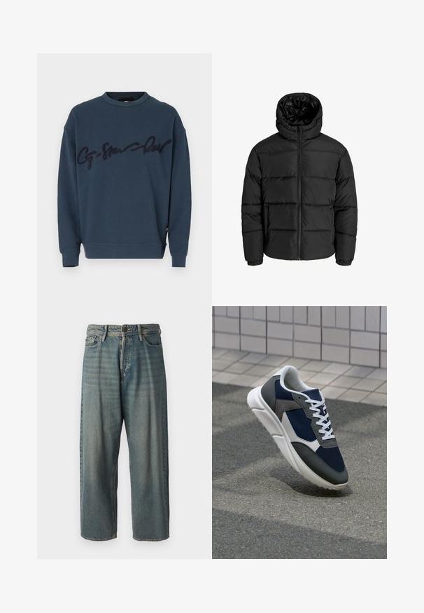 Fekete puffernadrág cipzárral, kapucnival és elasztikus mandzsettával. Simább, időjárásálló anyagból készült, steppelt kialakítással.; Sötétkék pulóver kerek nyakkal és bordázott mandzsettával, a mellkason emelt sötétkék írásos logóval. Puha anyagú textúra.; Világoskék farmernadrág, laza fazonnal, közepes derékbőséggel és egyenes szárral. Öt zsebet, övbucskát és gombos záródást tartalmaz.; Cipő, amelynek sötétkék hálós felsőrésze, szürke velúr díszítései, fehér gumitalpa és lapos fehér fűzője van, a kényelem és a légáteresztő képesség érdekében tervezve.