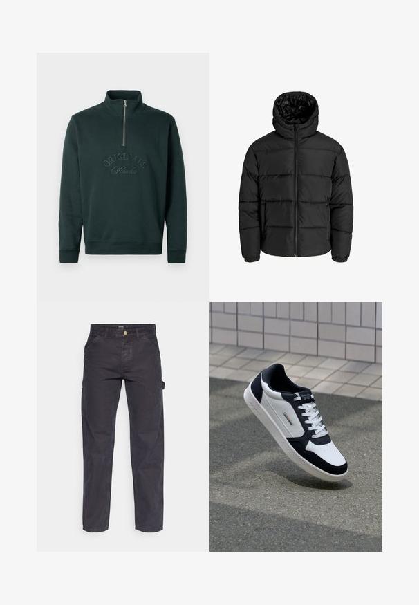 Zwarte pufferjack met een rits aan de voorkant, capuchon en elastische manchetten. Gemaakt van glad, weerbestendig materiaal met een gestikt ontwerp.; Donkergroene sweatshirt met hoge kraag en een halve rits. Voorzien van het reliëf 'ORIGINALS Studio' tekst op de voorkant. Zachte textuur.; Donkergrijze cargobroek van duurzaam materiaal, met een rechte pijp, vijf zakken en een knoopsluiting in de taille.; Witte en marineblauwe leren sneaker met een gestructureerde zool, vetersluiting en merklabel. Beschikt over een geperforeerd teenstuk en een gewatteerde kraag.